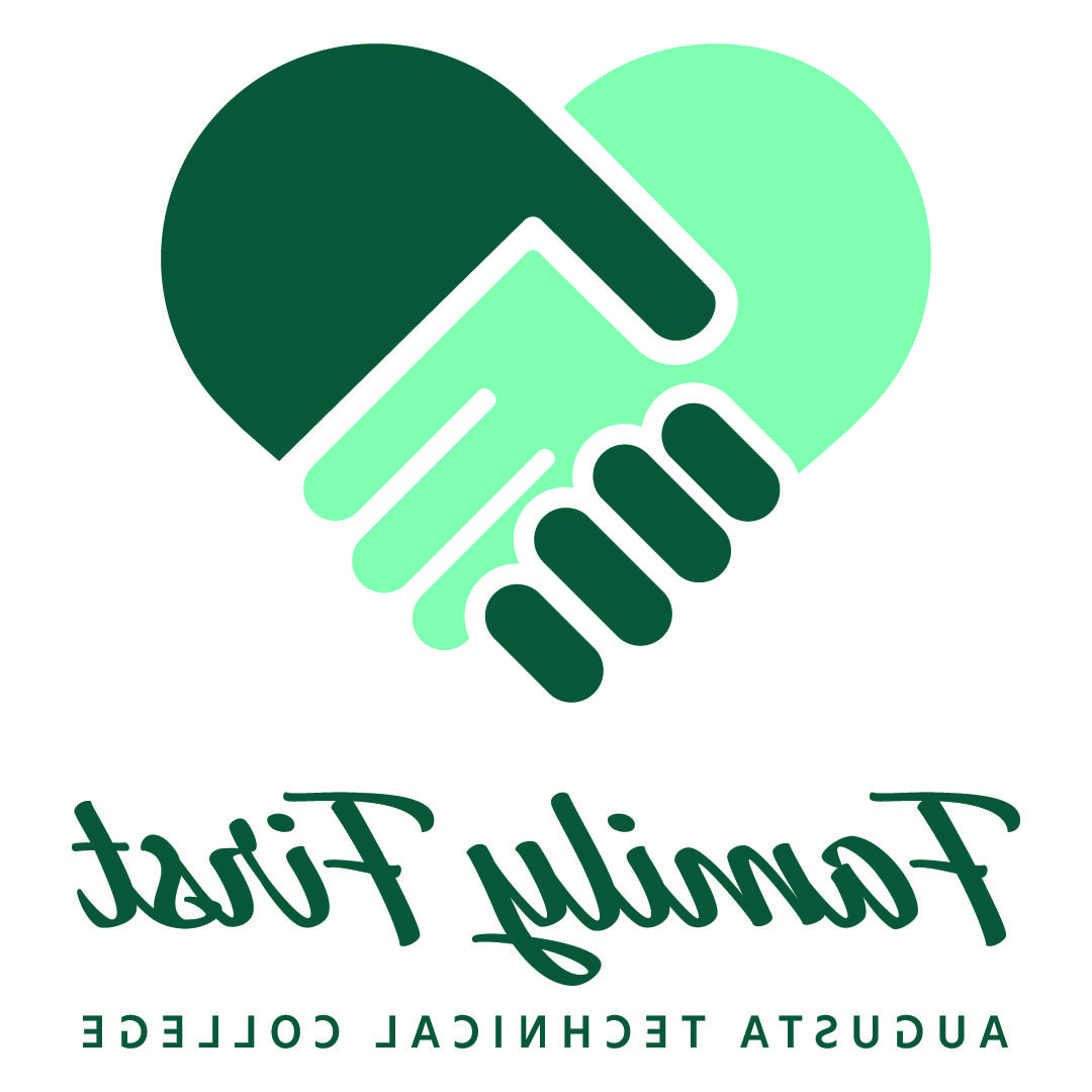 Family First Logo composed of a mint green and heritage green hand clasping to form the shape of a heart. The words Family First are in large heritage green, cursive font with the words Augusta Technical College in smaller sans-serif heritage green font centered below. 