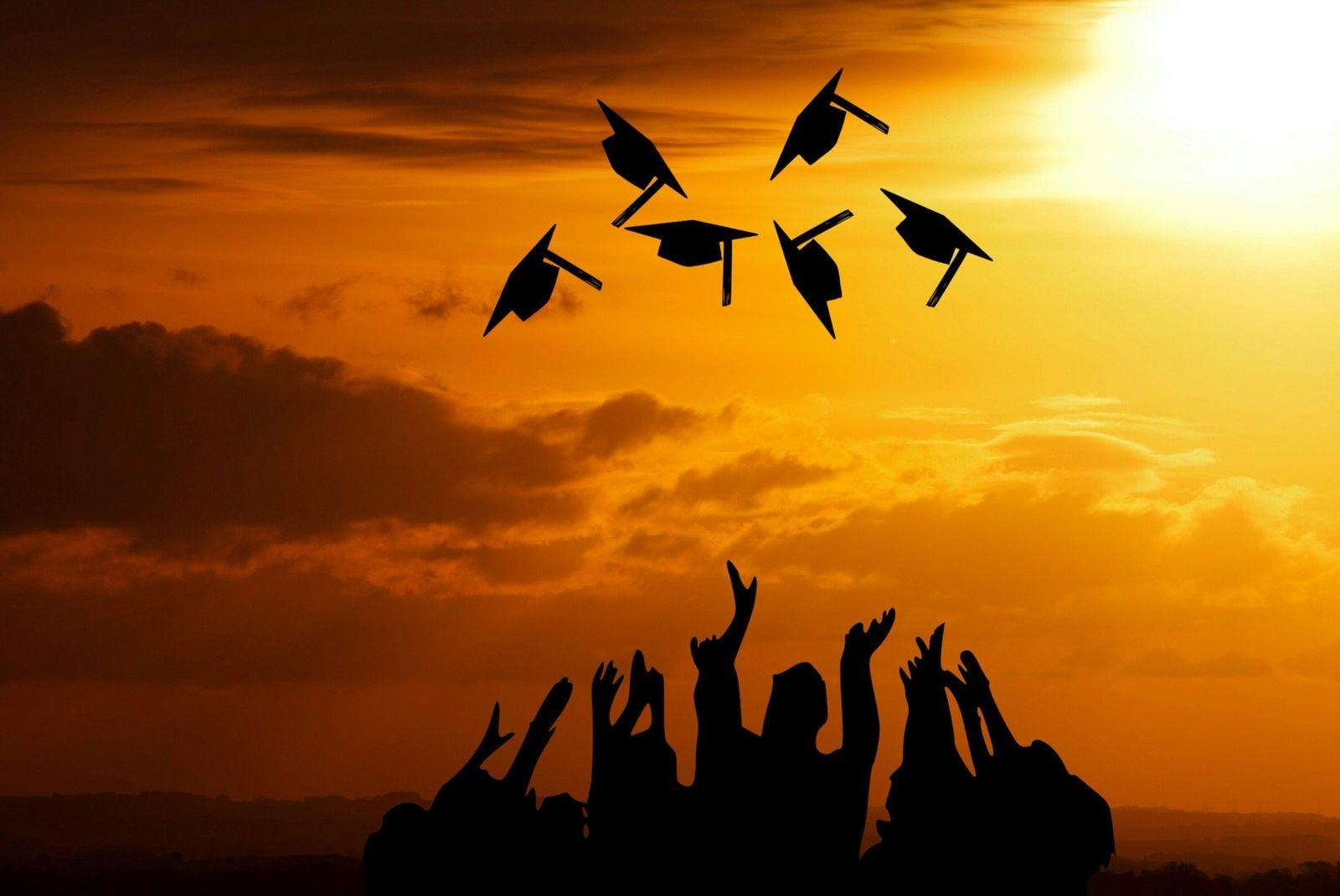 A forest green, hyperlinked, button labeled Diplomas in white, bolded, underlined text with an image of six graduates stand silhouetted in black against a sunrise/sunset with a golden-orange, cloudy sky while throwing their graduation caps in the air.