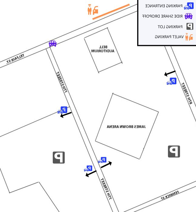 Map of streets and parking options surrounding Bell Auditorium.